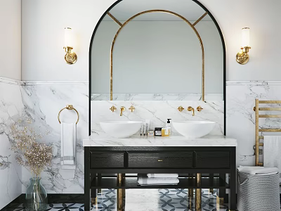 Elegant Bathroom Vanity Design With Arched Mirror Black Countertop Gold Accents And Marble Walls 3d model