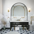 Elegant Bathroom Vanity Design With Arched Mirror Black Countertop Gold Accents And Marble Walls