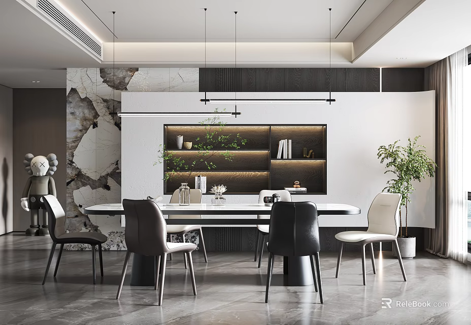 Modern Restaurant Interior Featuring Dining Table Chairs Pendant Lights Marble Wall And Green Plants 3d model 