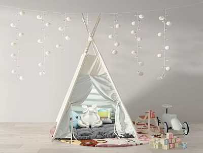 Cute Kids Tipi Tent in Children's Room with Hanging Pom Pom Lights and Stuffed Toys 3d model