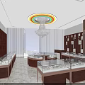 Modern Jewelry Store Interior With Glass Display Cases Wooden Shelves And Colorful Circular Chandelier