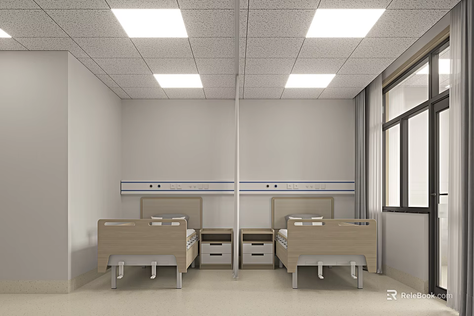 Hospital Ward Interior With Two Beds Bedside Tables Windows And Ceiling Lights 3d model 