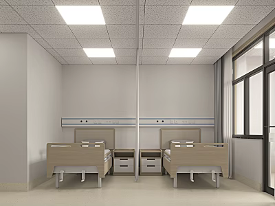 Hospital Ward Interior With Two Beds Bedside Tables Windows And Ceiling Lights 3d model