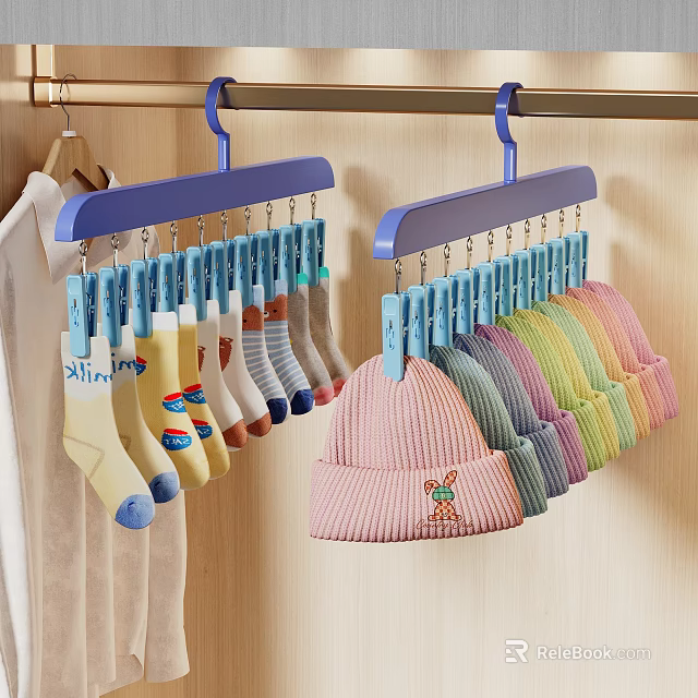 Pink Knit Hat with Bear Embroidery and Colorful Socks on Blue Hangers in Closet 3d model 