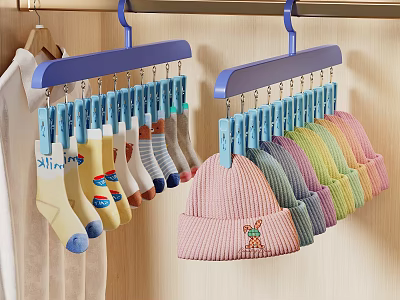 Pink Knit Hat with Bear Embroidery and Colorful Socks on Blue Hangers in Closet 3d model