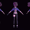 3D Fantasy Creature Character Model With Purple Hair Multiple Poses And Black Leggings