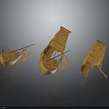 Three Vintage Traditional Wooden Boats with Oars Handcrafted on Dark Background
