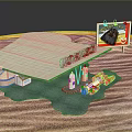 Model Display Scene With Green Stand Red Car Signboard And Sand Background