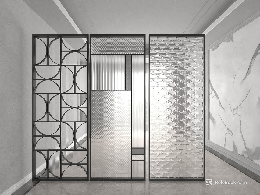 Modern Screen Partitions With Geometric Metal Frames And Textured Glass Panels 3d model 