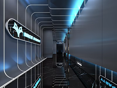 Modern Hi Tech KTV Corridor With Neon Lights Mirrored Floors And Metallic Walls 3d model