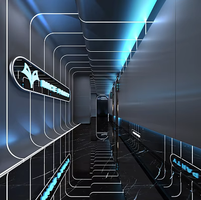 Modern Hi Tech KTV Corridor With Neon Lights Mirrored Floors And Metallic Walls 3d model
