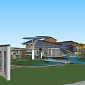 Park Landscape with Water Pond Walkways Wooden Pavilion Circular Shade Structures and Green Lawns