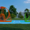 Outdoor Playground Equipment With Colorful Roller Orange Frame Green Structure Yellow Steps On Blue Ground