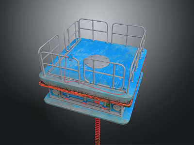 Industrial Landscape Featuring Blue Platform With Metal Railings And Orange Pipes 3d model