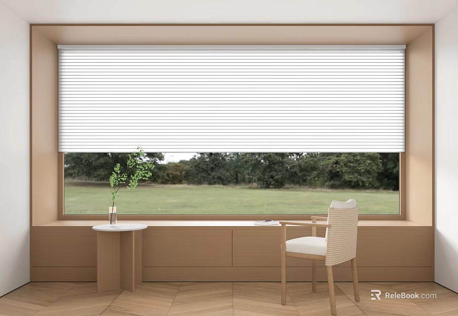 White Roller Blinds For Window In Modern Interior With Green Outdoor View And Chair 3d model 