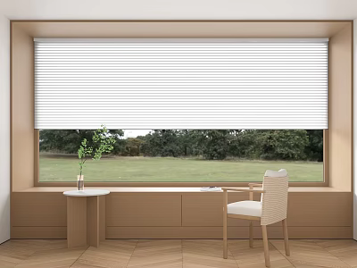White Roller Blinds For Window In Modern Interior With Green Outdoor View And Chair 3d model