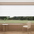 White Roller Blinds For Window In Modern Interior With Green Outdoor View And Chair