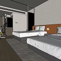 Modern Hotel Room Interior Design With Two Beds TV Desk And Chair