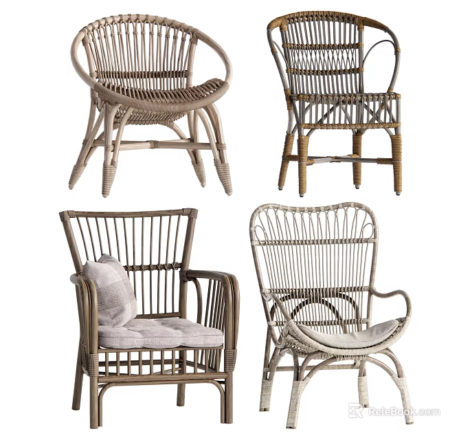 Stylish Rattan Leisure Chairs Showcasing Different Designs Armrests And Plush Cushions 3d model 