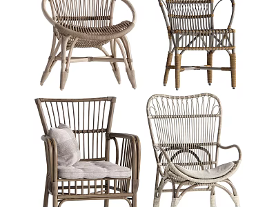 Stylish Rattan Leisure Chairs Showcasing Different Designs Armrests And Plush Cushions 3d model