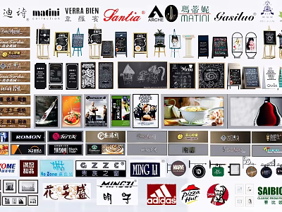 Advertising Billboards with Various Designs Including Chalkboard Style and Brand Logos 3d model