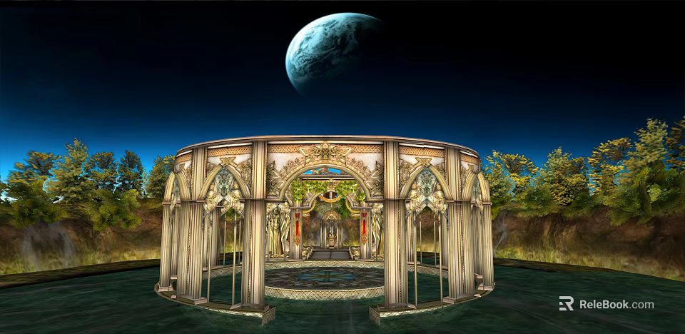 Ancient Architecture Circular Structure With Elaborate Carvings Pillars And Trees Under Night Sky With Planet 3d model 