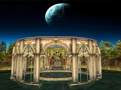 Ancient Architecture Circular Structure With Elaborate Carvings Pillars And Trees Under Night Sky With Planet 3d model