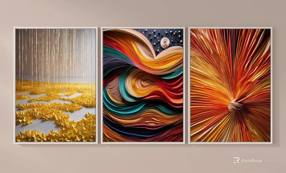 Creative Abstract Paintings with Gold Dripping Lines Colorful Waves Stars Moon and Radiant Orange Knots 3d model 
