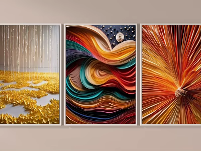 Creative Abstract Paintings with Gold Dripping Lines Colorful Waves Stars Moon and Radiant Orange Knots 3d model