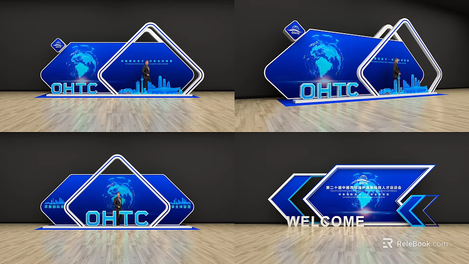 OHTC Display Design With Blue Geometric Shapes Earth Pattern International Leaders And Welcome Text 3d model 