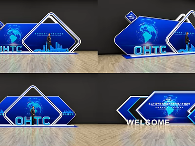 OHTC Display Design With Blue Geometric Shapes Earth Pattern International Leaders And Welcome Text 3d model