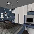 Modern Tatami Bedroom Interior With Starry Sky Mural Desk And Bookshelf