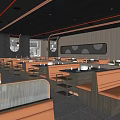 Modern Restaurant Interior With Orange Banquettes Dark Tables And Warm Lighting