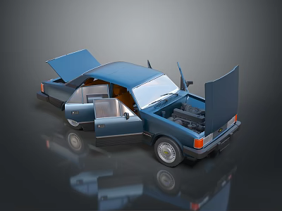 Blue Car With Open Doors Hood Trunk And Brown Interior Reflection 3d model
