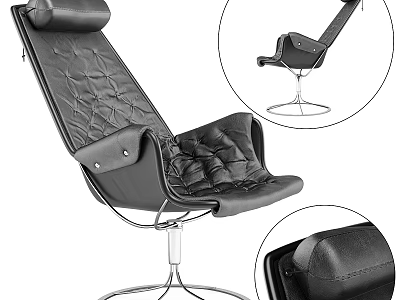 Black Leather Lounge Chair With Quilted Stitching And Adjustable Metal Base 3d model