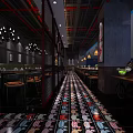 Vintage Industrial Restaurant Interior With Colorful Floor Tiles Pendant Lights Wooden Tables And Wall Art