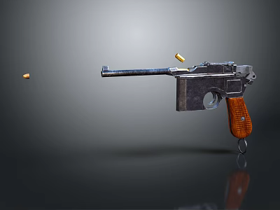 Vintage Pistol With Wooden Grip And Flying Bullet On Gray Background With Reflection 3d model