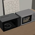 Modern Kitchen Appliances Two Sleek Silver Microwave Ovens On Wooden Countertop