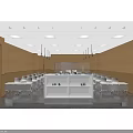 School Classroom Interior With Neatly Arranged White Desks Chairs Large Screen And Ceiling Lights