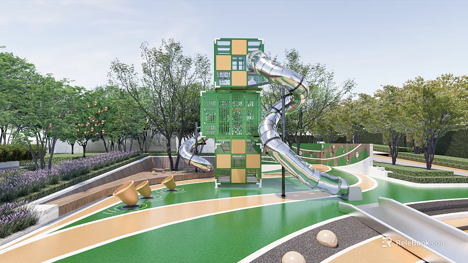 Residential Landscape With Playground Features Green Cube Structure Silver Slide And Trees 3d model 