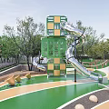 Residential Landscape With Playground Features Green Cube Structure Silver Slide And Trees
