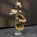Floral Art Display With White Orange Edged Lotus Flowers Brown Leaves And Crystal Base