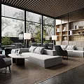 Modern Luxury Sales Office Lounge Space With Comfortable Sofas And Elegant Display Wall Shelves