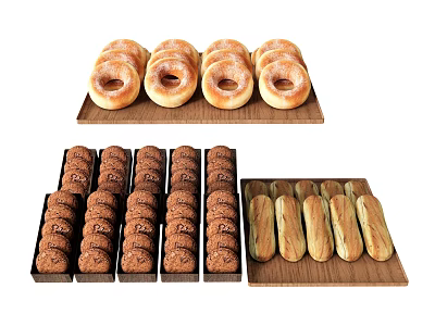 Neatly Arranged Assorted Donuts Cookies and Baguettes on Wooden Trays 3d model