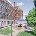 Classic Red Brick Detached Villa With Tower Clock Windows And Stone Path