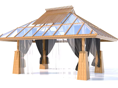 Wooden Pavilion Structure With Glass Roof And Hanging Curtains Design 3d model