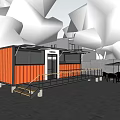 Modern Orange Container Station with Outdoor Tables Chairs Trees and Staircase Railing