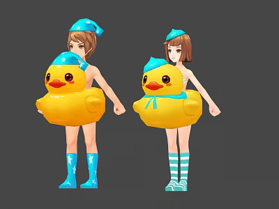 Cartoon Game and Movie Characters in Yellow Duck Inflatable Suits Blue Hats and Footwear 3d model