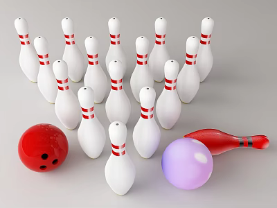 Bowling Sports Equipment Set With White Pins Red And Purple Balls 3d model