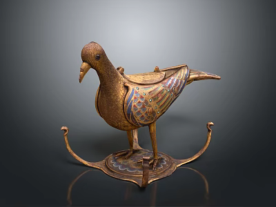 Brass Pigeon Decorative Figurine With Intricate Inlaid Colors On Ornate Stand And Base 3d model